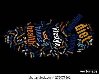 Concepto vectorial o nube de palabras abstracta conceptual sobre fondo negro como metáfora para la salud, la nutrición, la dieta, el bienestar, el cuerpo, la energía, la medicina, la aptitud física, la medicina, la medicina, el deporte, el corazón o la ciencia