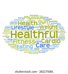 Concepto vectorial o nube de palabras abstracta conceptual sobre fondo blanco como metáfora para la salud, la nutrición, la dieta, el bienestar, el cuerpo, la energía, la medicina, la aptitud física, la medicina, la medicina, el deporte, el corazón o la ciencia