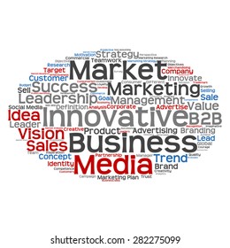 Vektorkonzept oder konzeptuell abstrakte Wortwolke auf weißem Hintergrund als Metapher für Unternehmen, Trends, Medien, Fokus, Markt, Wert, Produkt, Werbung oder Kunden. Auch für Corporate WordCloud