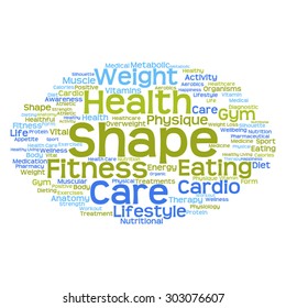 Vector concept or conceptual abstract word cloud on white background as metaphor for health, nutrition, diet, wellness, body, energy, medical, fitness, medical, gym, medicine, sport, heart or science