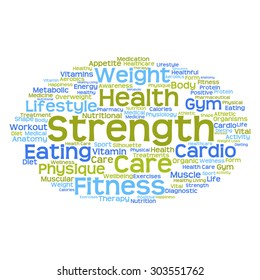 Vektorkonzept oder konzeptuell abstrakte Wortwolke auf weißem Hintergrund als Metapher für Gesundheit, Ernährung, Ernährung, Wellness, Körper, Energie, Medizin, Fitness, Medizin, Medizin, Sport, Herz oder Wissenschaft
