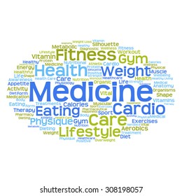 Vektorkonzept oder konzeptuell abstrakte Wortwolke auf weißem Hintergrund als Metapher für Gesundheit, Ernährung, Ernährung, Wellness, Körper, Energie, Medizin, Fitness, Medizin, Medizin, Sport, Herz oder Wissenschaft