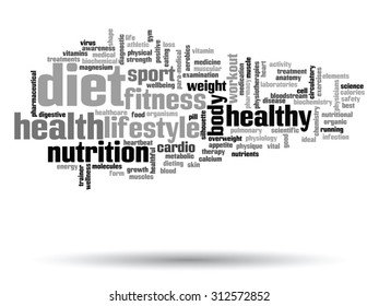 Vector concept or conceptual abstract word cloud on white background as metaphor for health, nutrition, diet, wellness, body, energy, medical, fitness, medical, gym, medicine, sport, heart or science