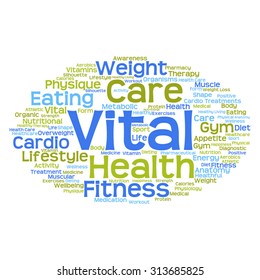 Vector concept or conceptual abstract word cloud on white background as metaphor for health, nutrition, diet, wellness, body, energy, medical, fitness, medical, gym, medicine, sport, heart or science
