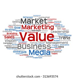 Vector concept or conceptual abstract word cloud on white background as metaphor for business, trend, media, focus, market, value, product, advertising or customer. Also for corporate wordcloud