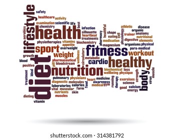 Vector concept or conceptual abstract word cloud on white background as metaphor for health, nutrition, diet, wellness, body, energy, medical, fitness, medical, gym, medicine, sport, heart or science