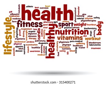 Concepto vectorial o nube de palabras abstracta conceptual sobre fondo blanco como metáfora para la salud, la nutrición, la dieta, el bienestar, el cuerpo, la energía, la medicina, la aptitud física, la medicina, la medicina, el deporte, el corazón o la ciencia