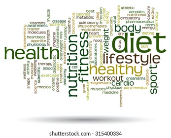 Vector concept or conceptual abstract word cloud on white background as metaphor for health, nutrition, diet, wellness, body, energy, medical, fitness, medical, gym, medicine, sport, heart or science