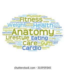 Concepto vectorial o nube de palabras abstracta conceptual sobre fondo blanco como metáfora para la salud, la nutrición, la dieta, el bienestar, el cuerpo, la energía, la medicina, la aptitud física, la medicina, la medicina, el deporte, el corazón o la ciencia