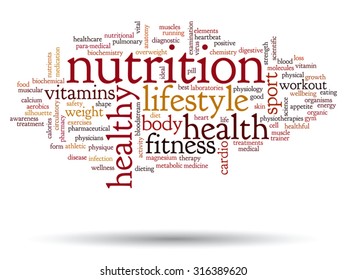 Concepto vectorial o nube de palabras abstracta conceptual sobre fondo blanco como metáfora para la salud, la nutrición, la dieta, el bienestar, el cuerpo, la energía, la medicina, la aptitud física, la medicina, la medicina, el deporte, el corazón o la ciencia