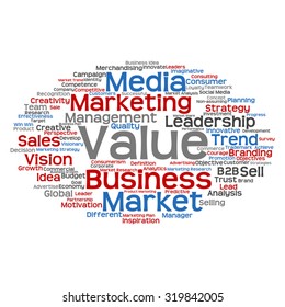 Vector concept or conceptual abstract word cloud on white background as metaphor for business, trend, media, focus, market, value, product, advertising or customer. Also for corporate wordcloud