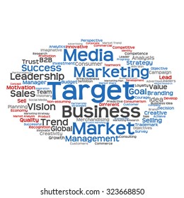 Concepto vectorial o nube conceptual abstracta de palabras sobre fondo blanco como metáfora para negocios, tendencias, medios, enfoque, mercado, valor, producto, publicidad o cliente. También para la nube de palabras corporativa