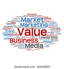 Vector concept or conceptual abstract word cloud on white background as metaphor for business, trend, media, focus, market, value, product, advertising or customer. Also for corporate wordcloud