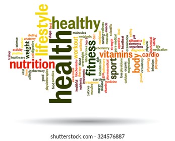 Vector concept or conceptual abstract word cloud on white background as metaphor for health, nutrition, diet, wellness, body, energy, medical, fitness, medical, gym, medicine, sport, heart or science