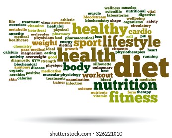 Vector concept or conceptual abstract word cloud on white background, metaphor to health, nutrition, diet, wellness, body, energy, medical, fitness, medical, gym, medicine, sport, heart science