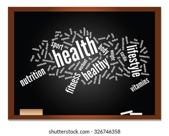 Vector concept or conceptual abstract word cloud on blackboard background, metaphor to health, nutrition, diet, wellness, body, energy, medical, fitness, medical, gym, medicine, sport, heart science