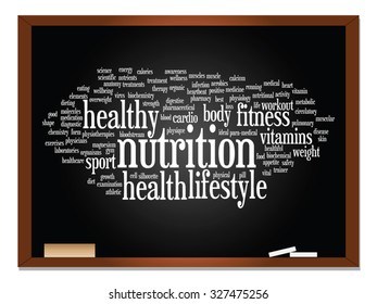 Concepto vectorial o nube conceptual abstracta de palabras en el fondo de la pizarra, metáfora a la salud, la nutrición, la dieta, el bienestar, el cuerpo, la energía, la salud, la aptitud física, la medicina, la medicina, el deporte, la ciencia del corazón