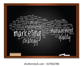 Vector concept or conceptual abstract word cloud on blackboard background as metaphor for business, trend, media, focus, market, value, product, advertising or customer. Also for corporate wordcloud
