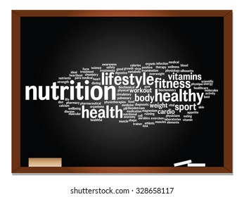 Concepto vectorial o nube conceptual abstracta de palabras en el fondo de la pizarra, metáfora a la salud, la nutrición, la dieta, el bienestar, el cuerpo, la energía, la salud, la aptitud física, la medicina, la medicina, el deporte, la ciencia del corazón