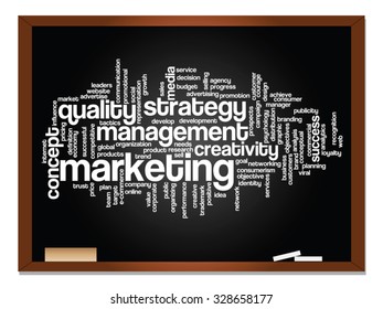 Vector concept or conceptual abstract word cloud on blackboard background as metaphor for business, trend, media, focus, market, value, product, advertising or customer. Also for corporate wordcloud