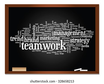 Vector concept or conceptual abstract word cloud on blackboard background as metaphor for business, trend, media, focus, market, value, product, advertising or customer. Also for corporate wordcloud