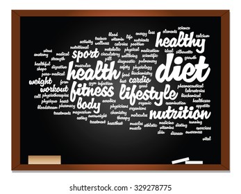 Vector concept or conceptual abstract word cloud on blackboard background, metaphor to health, nutrition, diet, wellness, body, energy, medical, fitness, medical, gym, medicine, sport, heart science