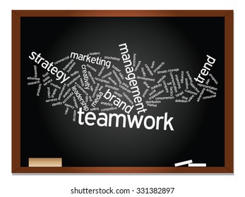 Vector concept or conceptual abstract word cloud on blackboard background as metaphor for business, trend, media, focus, market, value, product, advertising or customer. Also for corporate wordcloud