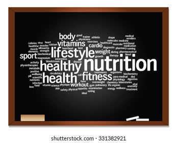 Vector concept or conceptual abstract word cloud on blackboard background, metaphor to health, nutrition, diet, wellness, body, energy, medical, fitness, medical, gym, medicine, sport, heart science