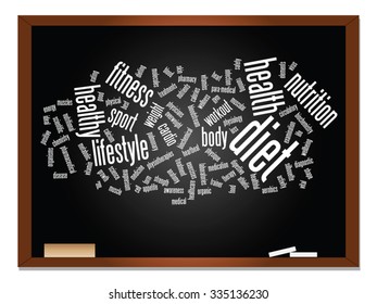 Concepto vectorial o nube conceptual abstracta de palabras en el fondo de la pizarra, metáfora a la salud, la nutrición, la dieta, el bienestar, el cuerpo, la energía, la salud, la aptitud física, la medicina, la medicina, el deporte, la ciencia del corazón