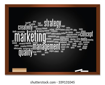 Vector concept or conceptual abstract word cloud on blackboard background as metaphor for business, trend, media, focus, market, value, product, advertising or customer. Also for corporate wordcloud