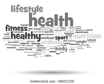 Concepto vectorial o nube de palabras abstracta conceptual sobre fondo blanco como metáfora para la salud, la nutrición, la dieta, el bienestar, el cuerpo, la energía, la medicina, la aptitud física, la medicina, la medicina, el deporte, el corazón o la ciencia