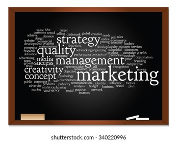 Vector concept or conceptual abstract word cloud on blackboard background as metaphor for business, trend, media, focus, market, value, product, advertising or customer. Also for corporate wordcloud