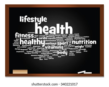 Concepto vectorial o nube conceptual abstracta de palabras en el fondo de la pizarra, metáfora a la salud, la nutrición, la dieta, el bienestar, el cuerpo, la energía, la salud, la aptitud física, la medicina, la medicina, el deporte, la ciencia del corazón