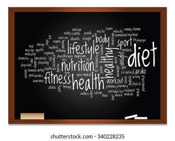 Vector concept or conceptual abstract word cloud on blackboard background, metaphor to health, nutrition, diet, wellness, body, energy, medical, fitness, medical, gym, medicine, sport, heart science