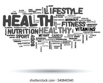 Vector concept or conceptual abstract word cloud on white background as metaphor for health, nutrition, diet, wellness, body, energy, medical, fitness, medical, gym, medicine, sport, heart or science