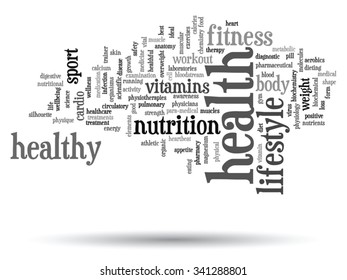 Concepto vectorial o nube de palabras abstracta conceptual sobre fondo blanco como metáfora para la salud, la nutrición, la dieta, el bienestar, el cuerpo, la energía, la medicina, la aptitud física, la medicina, la medicina, el deporte, el corazón o la ciencia