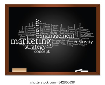 Vector concept or conceptual abstract word cloud on blackboard background as metaphor for business, trend, media, focus, market, value, product, advertising or customer. Also for corporate wordcloud