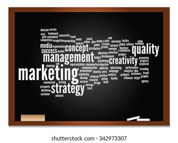 Vector concept or conceptual abstract word cloud on blackboard background as metaphor for business, trend, media, focus, market, value, product, advertising or customer. Also for corporate wordcloud