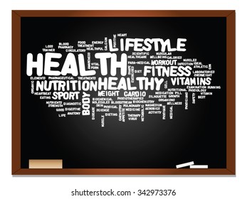 Vector concept or conceptual abstract word cloud on blackboard background, metaphor to health, nutrition, diet, wellness, body, energy, medical, fitness, medical, gym, medicine, sport, heart science