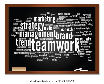 Concepto vectorial o nube conceptual abstracta de palabras en el fondo de la pizarra como metáfora para negocios, tendencias, medios, enfoque, mercado, valor, producto, publicidad o cliente. También para la nube de palabras corporativa