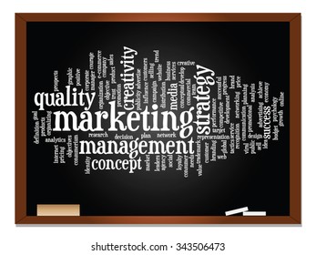 Vector concept or conceptual abstract word cloud on blackboard background as metaphor for business, trend, media, focus, market, value, product, advertising or customer. Also for corporate wordcloud