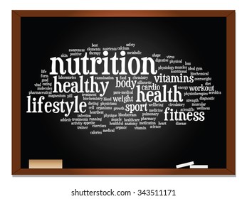Conceito vetorial ou palavra abstrata conceitual nuvem no fundo de quadro-negro, metáfora para a saúde, nutrição, dieta, bem-estar, corpo, energia, médica, fitness, médica, ginástica, medicina, esporte, ciência do coração