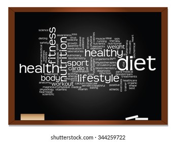 Vector concept or conceptual abstract word cloud on blackboard background, metaphor to health, nutrition, diet, wellness, body, energy, medical, fitness, medical, gym, medicine, sport, heart science