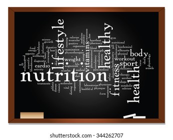 Vector concept or conceptual abstract word cloud on blackboard background, metaphor to health, nutrition, diet, wellness, body, energy, medical, fitness, medical, gym, medicine, sport, heart science