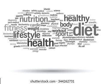 Vector concept or conceptual abstract word cloud on white background, metaphor to health, nutrition, diet, wellness, body, energy, medical, fitness, medical, gym, medicine, sport, heart science