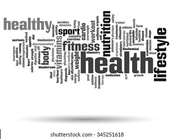 Vektorkonzept oder konzeptuell abstrakte Wortwolke auf weißem Hintergrund, Metapher für Gesundheit, Ernährung, Ernährung, Wellness, Körper, Energie, Medizin, Fitness, Medizin, Medizin, Sport, Herzwissenschaft
