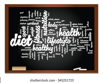 Concepto vectorial o nube conceptual abstracta de palabras en el fondo de la pizarra, metáfora a la salud, la nutrición, la dieta, el bienestar, el cuerpo, la energía, la salud, la aptitud física, la medicina, la medicina, el deporte, la ciencia del corazón