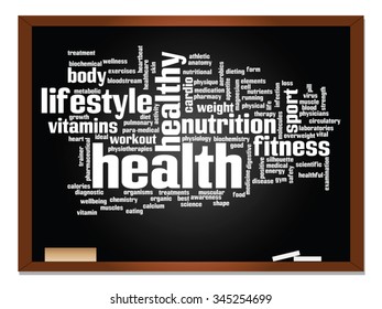 Vector concept or conceptual abstract word cloud on blackboard background, metaphor to health, nutrition, diet, wellness, body, energy, medical, fitness, medical, gym, medicine, sport, heart science