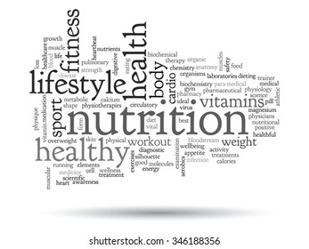 Vector concept or conceptual abstract word cloud on white background, metaphor to health, nutrition, diet, wellness, body, energy, medical, fitness, medical, gym, medicine, sport, heart science