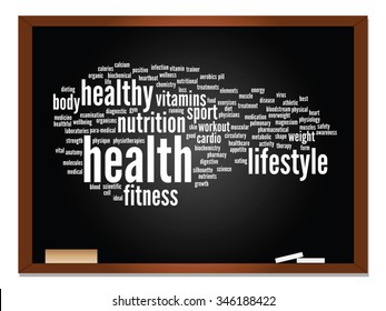 Vector concept or conceptual abstract word cloud on blackboard background, metaphor to health, nutrition, diet, wellness, body, energy, medical, fitness, medical, gym, medicine, sport, heart science